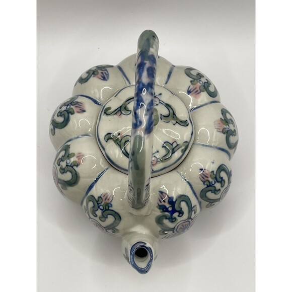 Tea Pot with Lid Blue Pink Green Hand Painted Ceramic - Picture 5 of 9